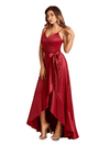 Sexy V-Neck Spaghetti Straps A-Line High Low Soft Satin Long Bridesmaid Dresses