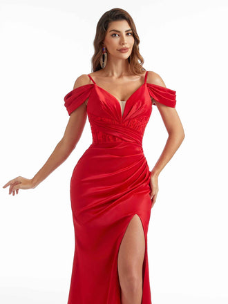 Cold Shoulder Sexy Side Slit Mermaid Satin Maxi Bridesmaid Dresses Online