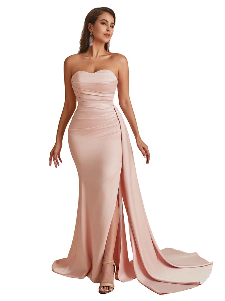Elegant Silky Satin Sweetheart Strapless Side Split Mermaid Floor Length Bridesmaid Dresses