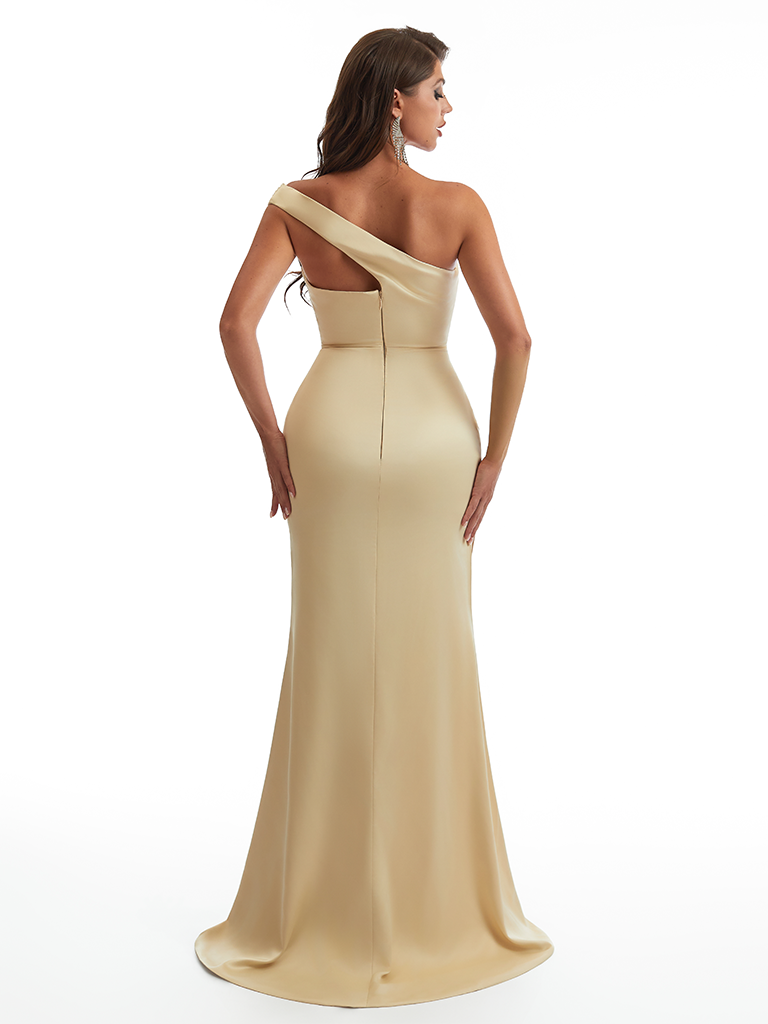 Sexy One Shoulder Side Slit Mermaid Soft Satin Long Bridesmaid Dresses Online