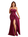 Sexy One Shoulder Mermaid Soft Satin Long Bridesmaid Dresses Side Slit
