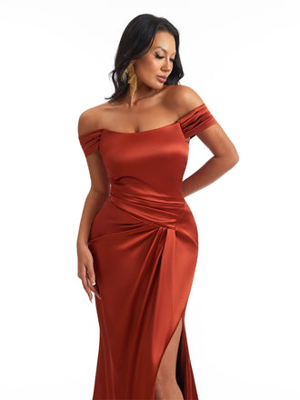 Sexy Off The Shoulder Side Slit Soft Satin Mermaid Lace Up Back Long Bridesmaid Dresses