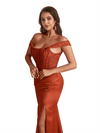 Sexy Satin Off The Shoulder Lace Mermaid Long Bridesmaid Dresses Slit