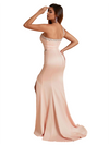 Sexy One Shoulder Mermaid Silky Satin Beaded Long Bridesmaid Dresses Side Slit