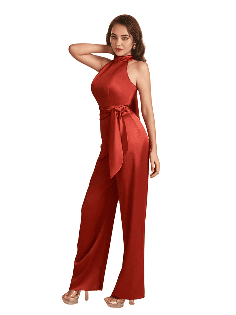 Elegant High Neck Silky Satin Long Women's Pantsuit For Bridesmaids