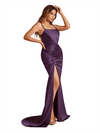 Elegant Mermaid Spaghetti Straps Side Slit Soft Satin Pretty Long Bridesmaid Dresses