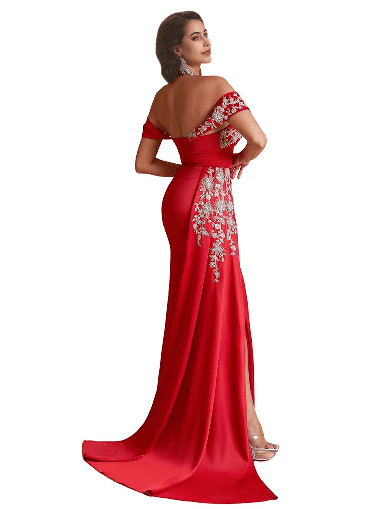 Luxury Sexy Off The Shoulder Lace Silky Satin Long Bridesmaid Dresses Side Slit