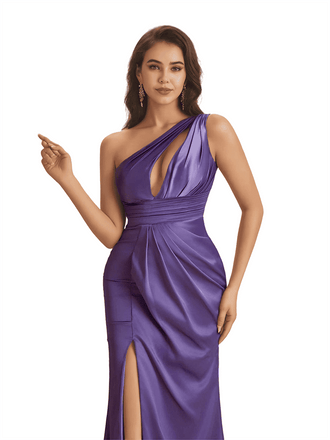 Sexy One Shoulder Mermaid Ruched Satin Unique Long Bridesmaid Dresses Side Split