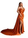 Sexy V-Neck Side Slit Strapless Mermaid Soft Satin Floor-Length Bridesmaid Dresses