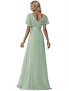 Charming V-Neck Short Sleeves A-line Chiffon Floor-length Bridesmaid Dresses