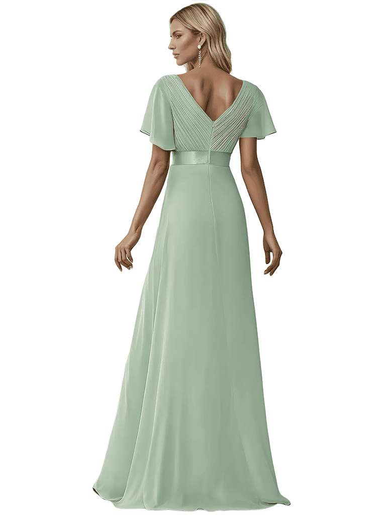 Charming V-Neck Short Sleeves A-line Chiffon Floor-length Bridesmaid Dresses