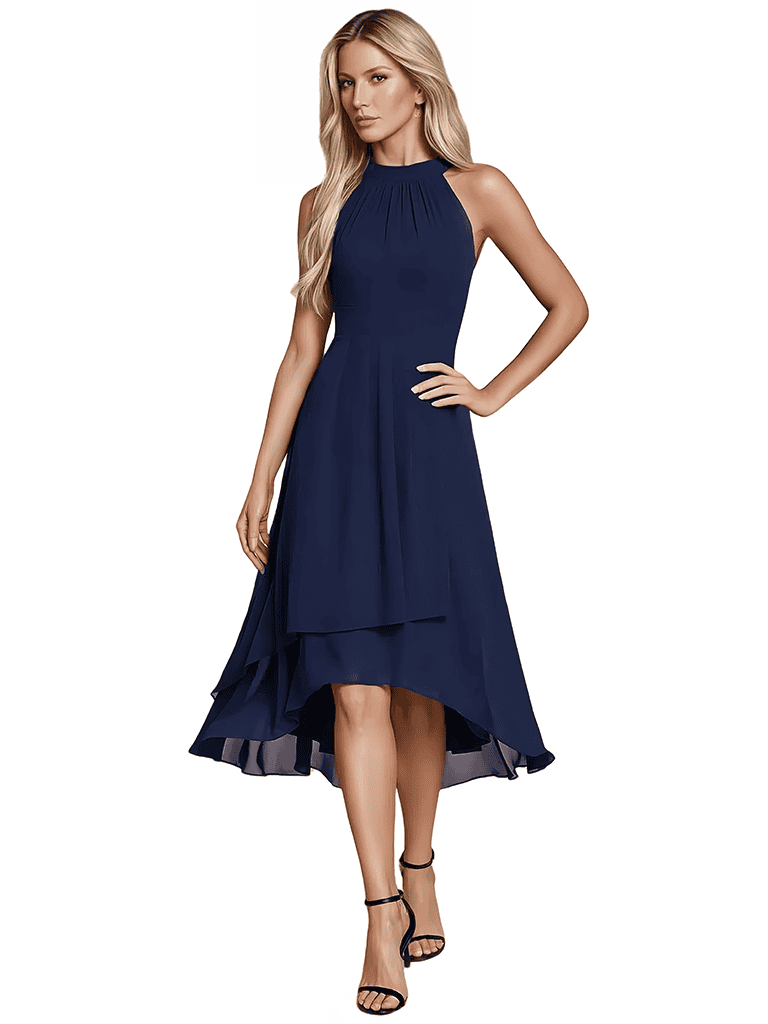 Elegant Halter Neck A-line Chiffon Tea-length Bridesmaid Dresses