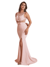 Elegant Two Piece Lace Top Side Split Mermaid Satin Long Bridesmaid Dresses Online