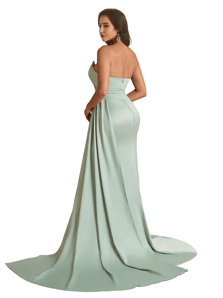 Sexy Mermaid Sweetheart Side Slit Ruched Silky Satin Unique Long Bridesmaid Dresses Online