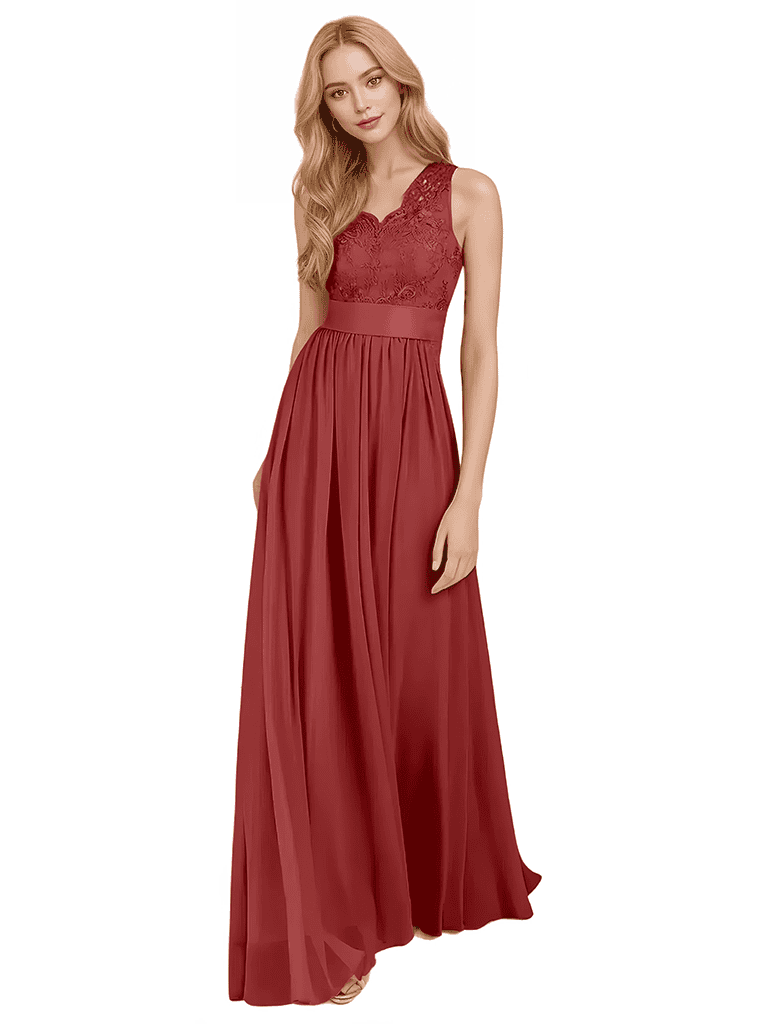 Unique A-line Spaghetti Straps Lace Chiffon Floor-Length Bridesmaid Dresses