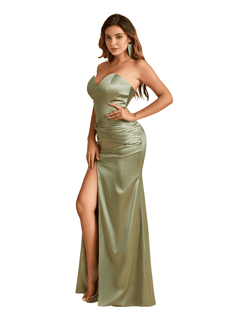 Sexy Mermaid Side Slit Twisted Knot Sweetheart Stretch Satin Floor-Length Bridesmaid Dresses
