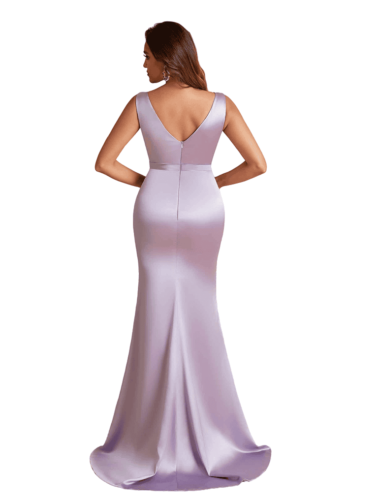 Elegant V-Neck Mermaid Silky Satin Unique Long Bridesmaid Dresses Side Slit