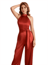 Elegant High Neck Silky Satin Long Women's Pantsuit For Bridesmaids