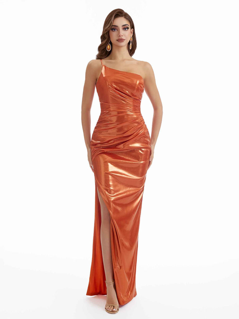 Sexy Mermaid One Shoulder Metallic Stretch Shiny Fabric Floor-Length Wedding Guest Dresses