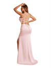 Elegant Mermaid Spaghetti Straps Side Slit Criss Cross Satin Long Bridesmaid Dresses