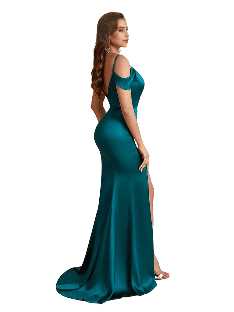 Sexy Cold Shoulder Ruched Silky Satin Side Split Mermaid Long Bridesmaid Dresses