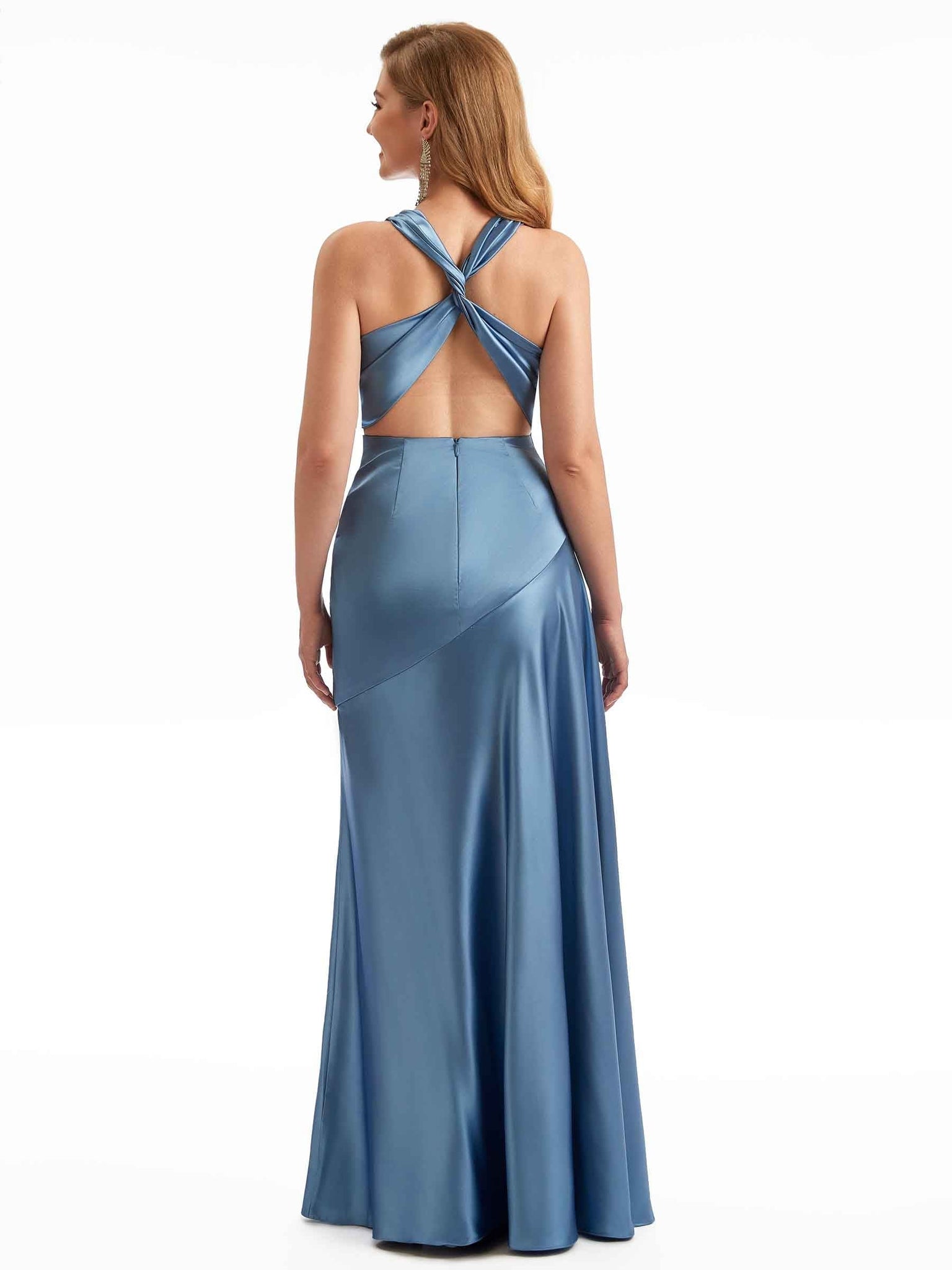 Sexy V-Neck Long Back Criss-Cross Satin Mermaid Bridesmaid Dresses Uk With Split