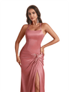 Elegant Mermaid Spaghetti Straps Silky Satin Long Bridesmaid Dresses Online Side Split