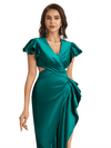 Sexy Cap Sleeves Ruffle Silky Satin Mermaid Side Slit Maxi Bridesmaid Dresses Online