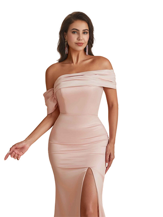 Sexy Asymmetric Off The Shoulder Long Satin Unique Formal Bridesmaid dresses Online
