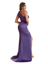 Sexy One Shoulder Mermaid Ruched Satin Unique Long Bridesmaid Dresses Side Split