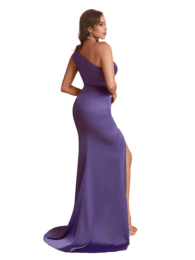 Sexy One Shoulder Mermaid Ruched Satin Unique Long Bridesmaid Dresses Side Split