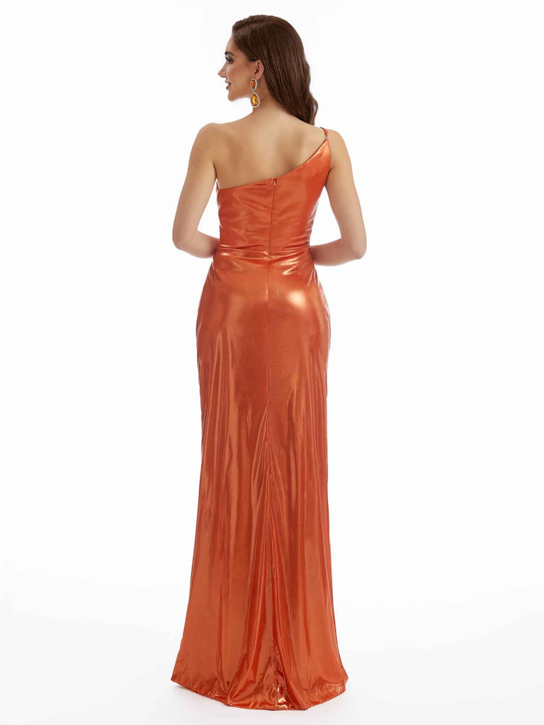 Sexy Mermaid One Shoulder Metallic Stretch Shiny Fabric Floor-Length Wedding Guest Dresses