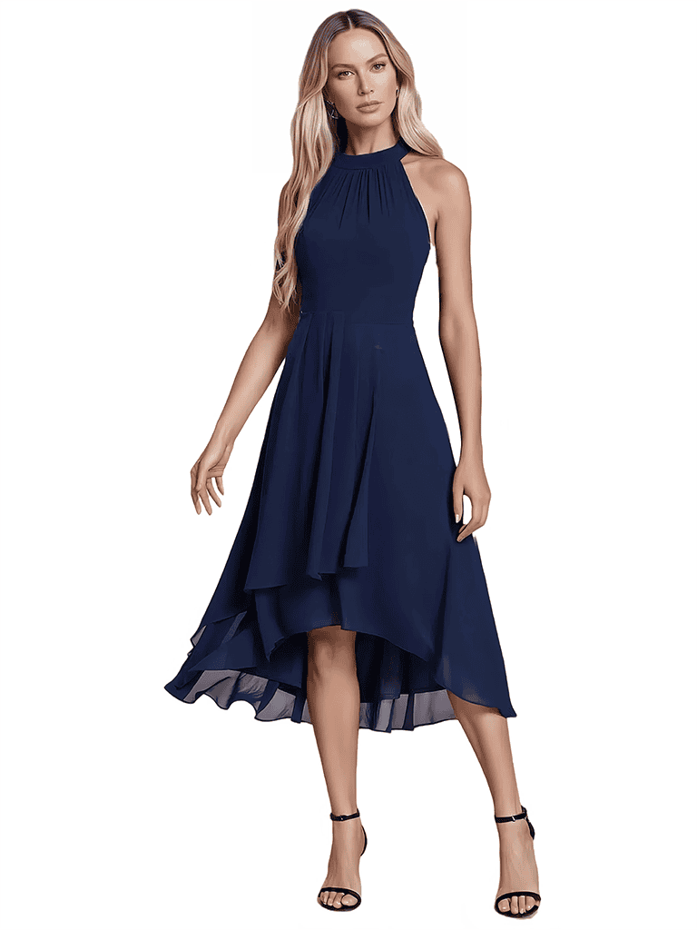 Elegant Halter Neck A-line Chiffon Tea-length Bridesmaid Dresses