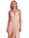 Unique A-line Spaghetti Straps Side Slit Chiffon Floor-Length Bridesmaid Dresses
