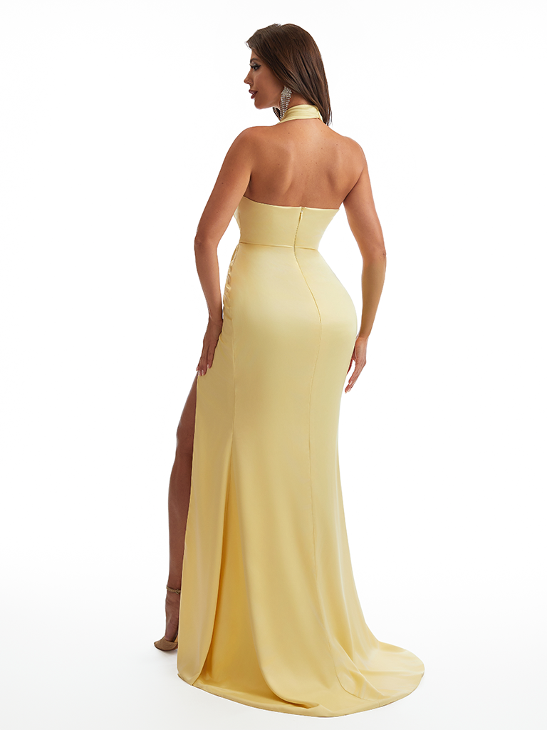 Sexy Halter V-Neck Side Slit Mermaid Wrap Satin Long Bridesmaid Dresses Online