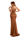Elegant One Shoulder Mermaid Soft Satin Side Slit Long Bridesmaid Dresses
