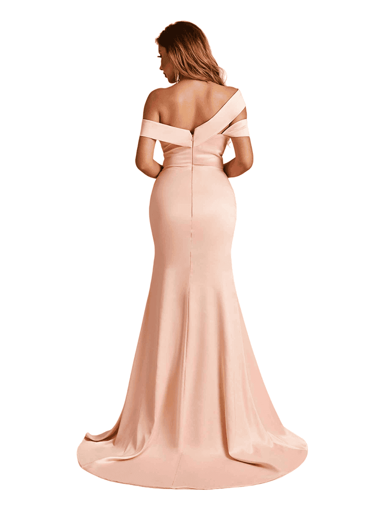 Elegant Off The Shoulder Side Slit Mermaid Soft Satin Beauty Long Bridesmaid Dresses