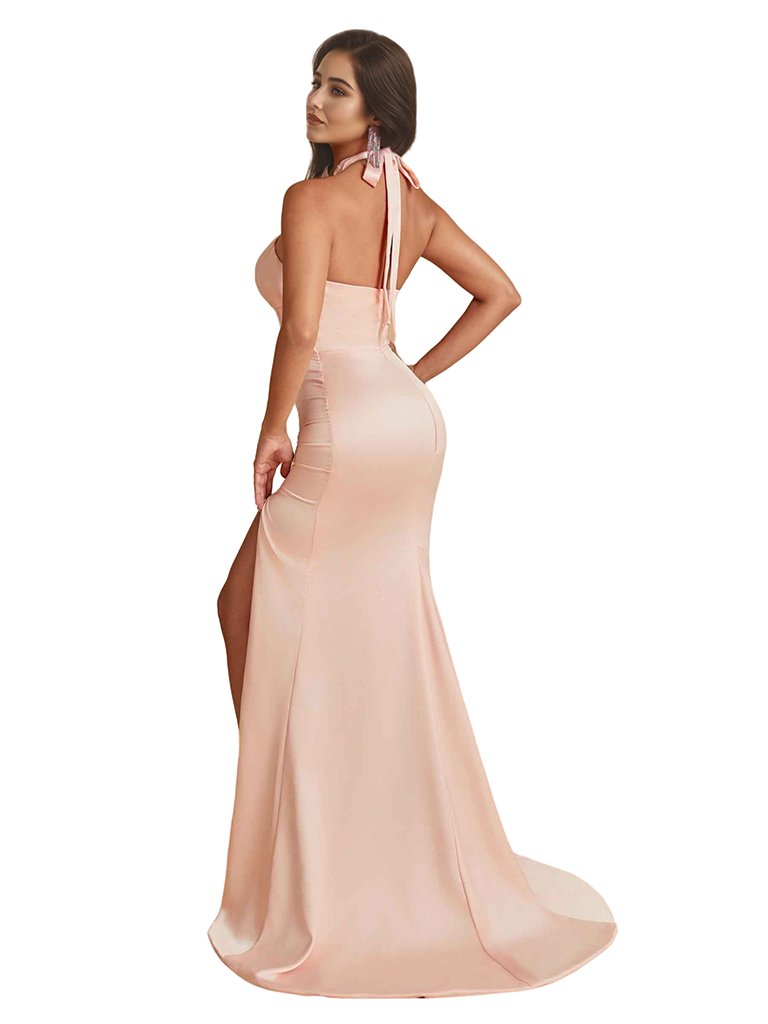 Sexy Halter Mermaid Silky Satin Unique Long Bridesmaid Dresses Online Side Slit