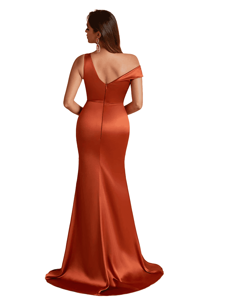 Unique V Neck Mermaid Silky Satin Long Bridesmaid Dresses Online Side Slit