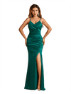 Sexy Spaghetti Straps Side Slit Mermaid Soft Satin Ruched Floor-Length Bridesmaid Dresses