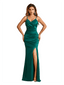 Sexy Spaghetti Straps Side Slit Mermaid Soft Satin Ruched Floor-Length Bridesmaid Dresses