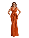 Elegant V-Neck Ruched Mermaid Satin Long Bridesmaid Dresses Online