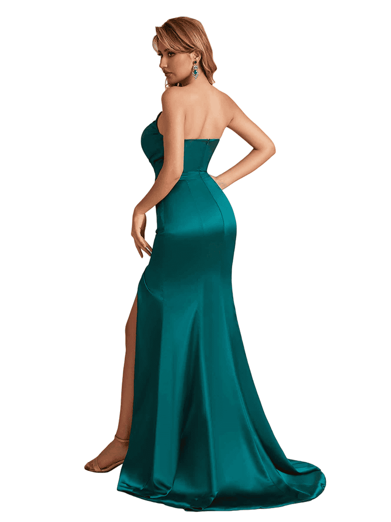 Elegant Silky Satin Asymmetric Mermaid Side Slit Maxi Bridesmaid Dresses Online