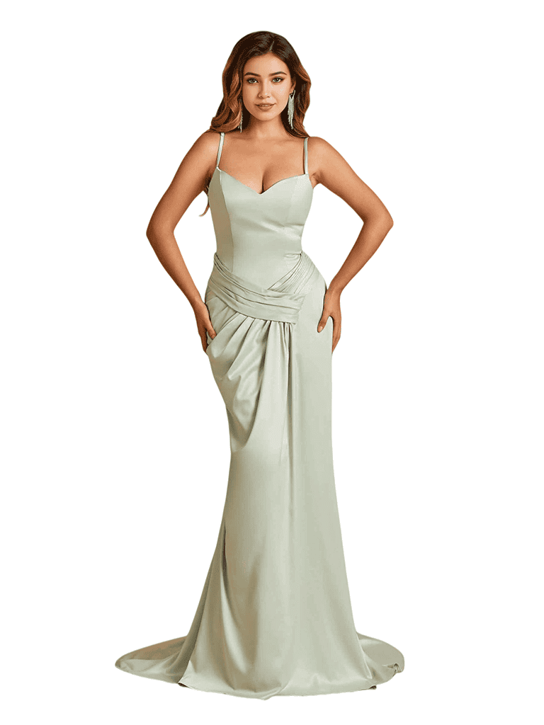 Elegant Spaghetti Straps Mermaid Ruched Satin Long Bridesmaid Dresses Online