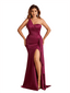 Sexy One Shoulder Mermaid Soft Satin Long Bridesmaid Dresses Side Slit