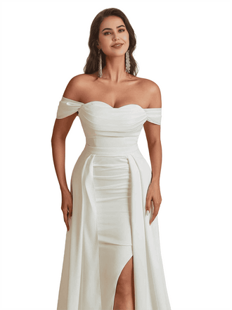 Unique Elegant Off The Shoulder Mermaid Silky Satin Long Bridesmaid Dresses Side Split