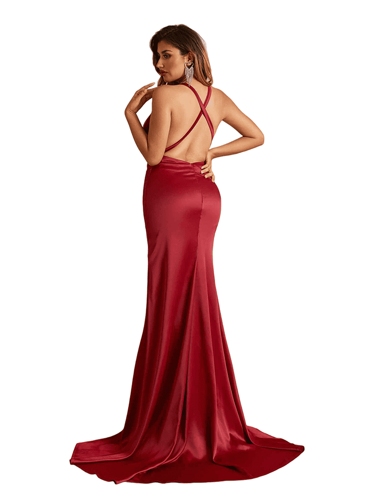 Sexy V-Neck Criss Cross Side Slit Mermaid Soft Satin Pretty Long Bridesmaid Dresses