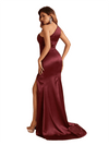 Elegant One Shoulder Sleeveless Soft Satin Side Slit Mermaid Bridesmaid Dresses