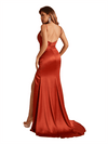 Sexy Spaghetti Straps Open Back Mermaid Side Slit Satin Long Bridesmaid Dresses