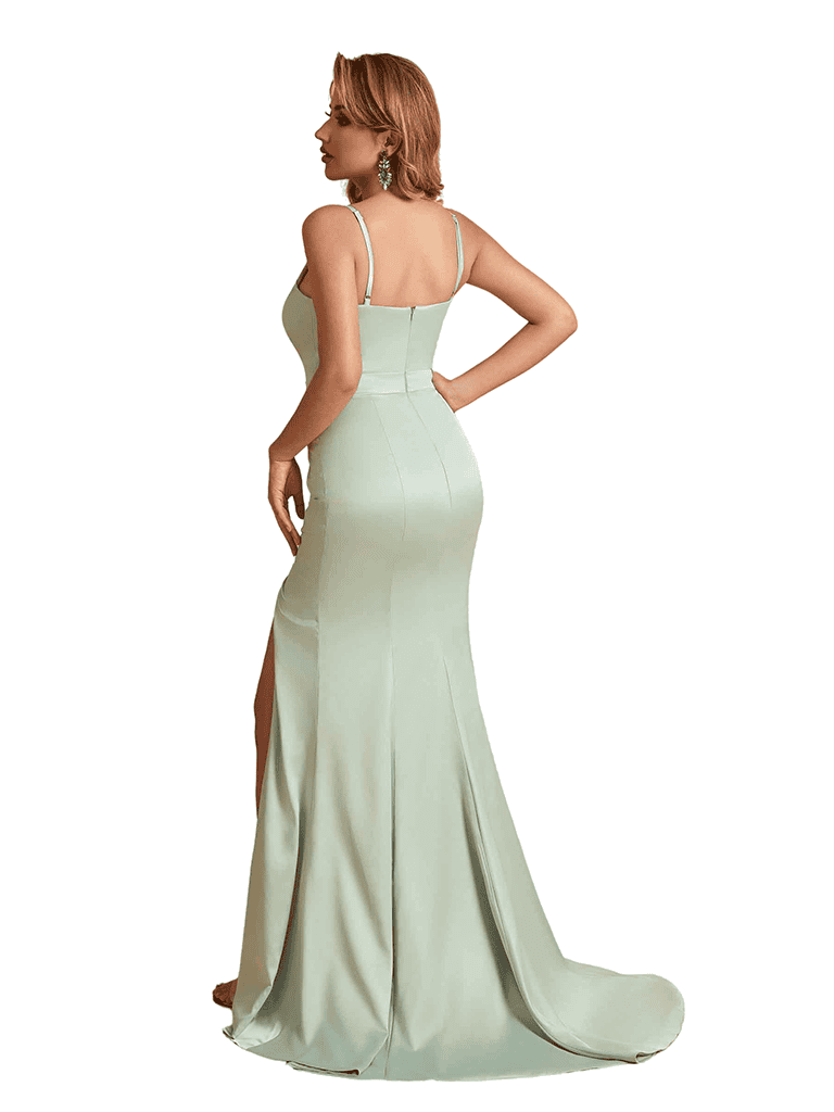 Sexy Silky Satin Spaghetti Straps Mermaid Side Slit Floor Length Bridesmaid Dresses Online